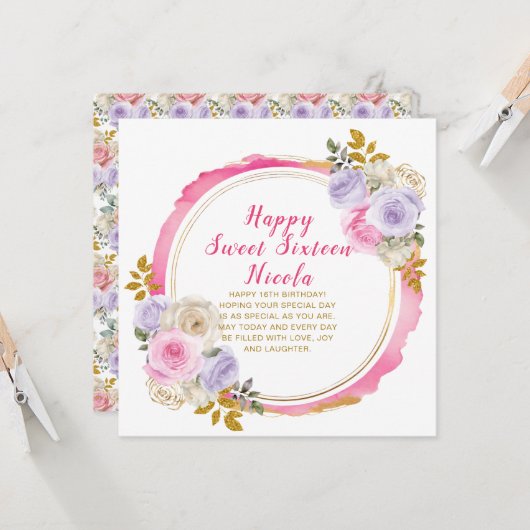 Roze en Paarse Elegante Bloemen Sweet Sixteen Kaart (Voorkant / Achterkant in situ)