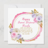 Roze en Paarse Elegante Bloemen Sweet Sixteen Kaart (Voorkant)