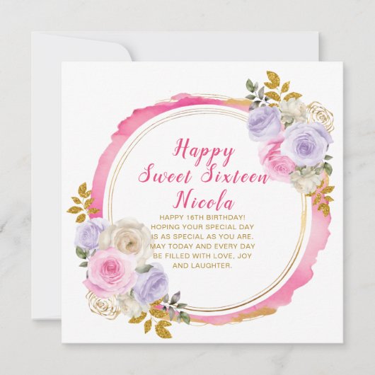 Roze en Paarse Elegante Bloemen Sweet Sixteen Kaart (Voorkant)