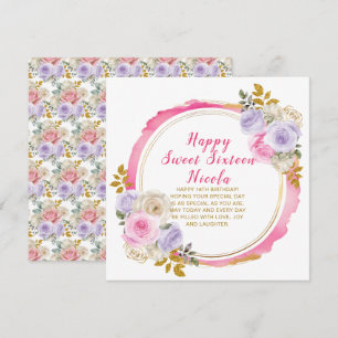Roze en Paarse Elegante Bloemen Sweet Sixteen Kaart