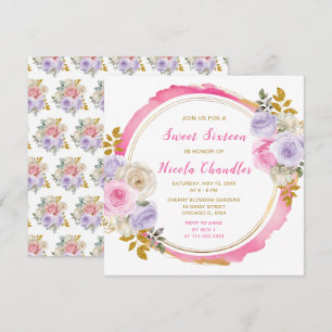 Roze en Paarse Elegante Bloemen Sweet Sixteen Kaart