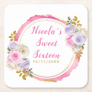 Roze en paarse elegante bloemen Sweet Sixteen Kartonnen Onderzetters