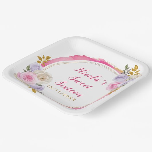 Roze en Paarse Elegante Bloemen Sweet Sixteen Papieren Bordje (Gebogen)
