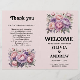 Roze en Paarse Elegante Bloemen Trouwprogramma