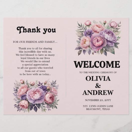 Roze en Paarse Elegante Bloemen Trouwprogramma (Voorkant)