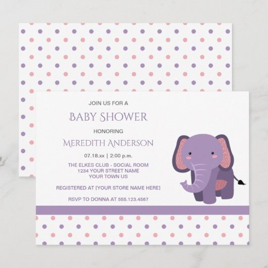 Roze en Paarse Elephant Baby Shower Uitnodigingen (Voorkant / Achterkant)