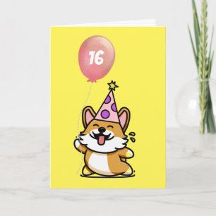 Roze en Paarse Feesthoed Corgi 16e Verjaardag Kaart