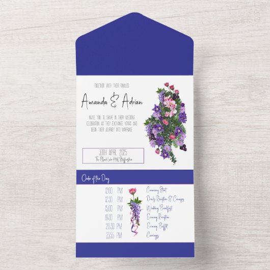 Roze en paarse floraal all in one uitnodiging (Binnen)