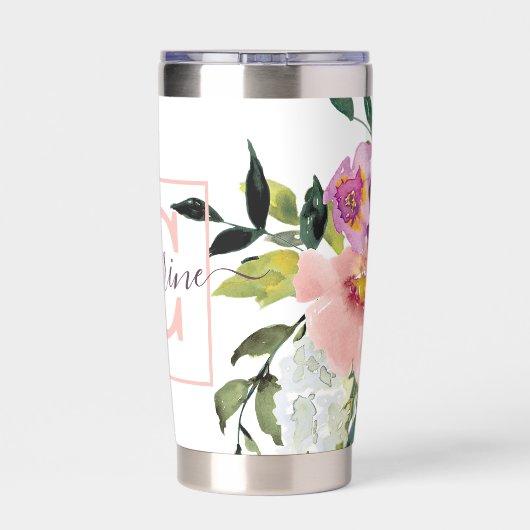 Roze en paarse floraal gepersonaliseerd geïsoleerde drinkbeker (Achterkant)