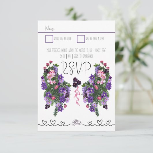 Roze en paarse floraal RSVP kaartje (Staand voorkant)