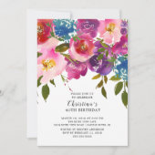 Roze en Paarse Floral Birthday Party Invitation Kaart (Voorkant)