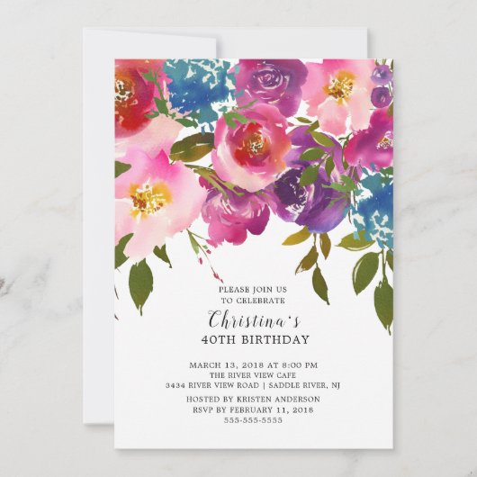 Roze en Paarse Floral Birthday Party Invitation Kaart (Voorkant)
