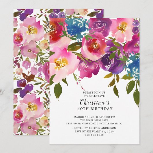 Roze en Paarse Floral Birthday Party Invitation Kaart (Voorkant / Achterkant)