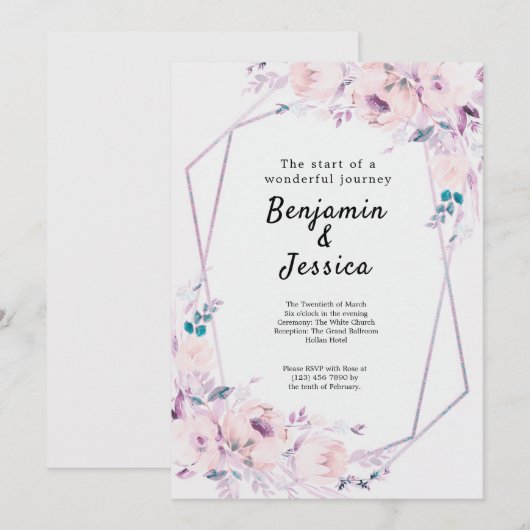 Roze en Paarse Floral Geometric Wedding Uitnodigin Kaart (Voorkant / Achterkant)