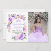 Roze en Paarse Floral Quinceanera Birthday Foto Kaart (Voorkant)