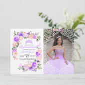 Roze en Paarse Floral Quinceanera Birthday Foto Kaart (Staand voorkant)