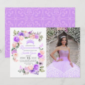 Roze en Paarse Floral Quinceanera Birthday Foto Kaart (Voorkant / Achterkant)