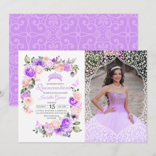 Roze en Paarse Floral Quinceanera Birthday Foto Kaart (Voorkant / Achterkant)