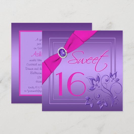 Roze en Paarse Floral Sweet Sixteen Uitnodiging (Voorkant / Achterkant)