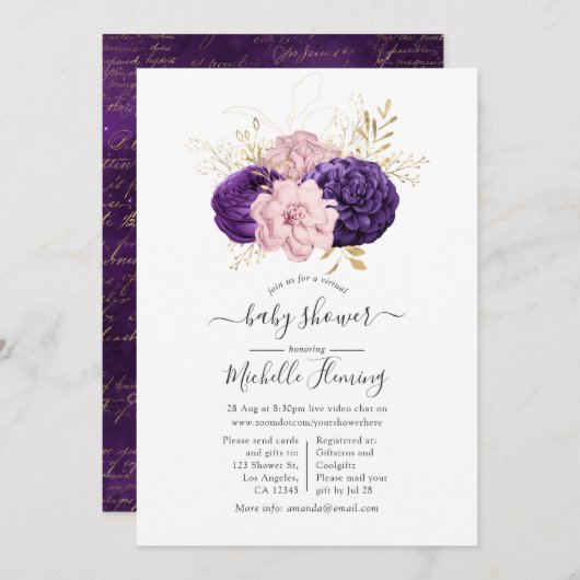 Roze en Paarse Floral Virtual Baby shower Kaart (Voorkant / Achterkant)