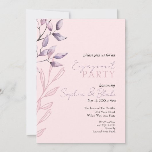 Roze en Paarse "Foliage Pink Engagement Party" Kaart (Voorkant)