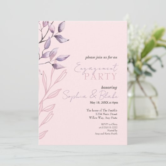 Roze en Paarse "Foliage Pink Engagement Party" Kaart (Staand voorkant)