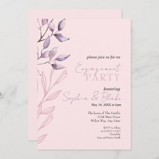 Roze en Paarse "Foliage Pink Engagement Party" Kaart (Voorkant / Achterkant)