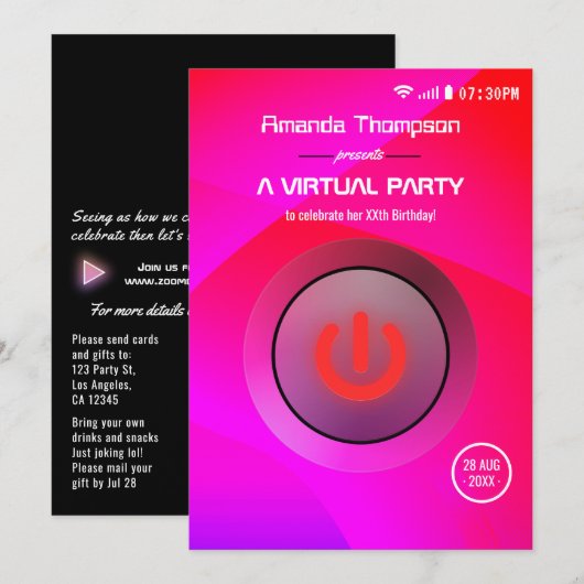 Roze en Paarse Geometrische Virtual Birthday Party Kaart (Voorkant / Achterkant)
