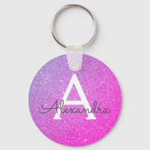 Roze en paarse glitter & glinster monogram cadeau sleutelhanger