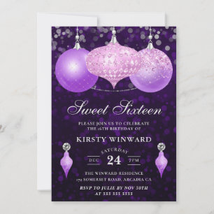 Roze en paarse glittersfeerballen Sweet Sixteen Kaart
