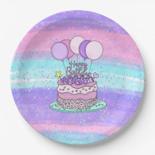 Roze en Paarse Happy Birthday Party Papieren Bordje