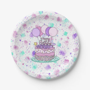 Roze en Paarse Happy Birthday Party Papieren Bordje