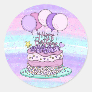 Roze en Paarse Happy Birthday Ronde Sticker