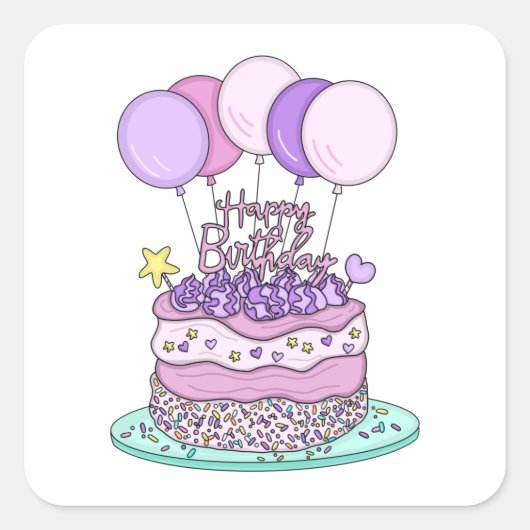 Roze en Paarse Happy Birthday Vierkante Sticker (Voorkant)