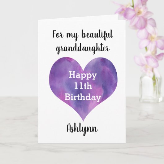 Roze en Paarse hart 11e verjaardag kleindochter Kaart (Orchidee)