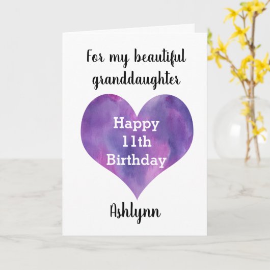 Roze en Paarse hart 11e verjaardag kleindochter Kaart (Gele Bloem)