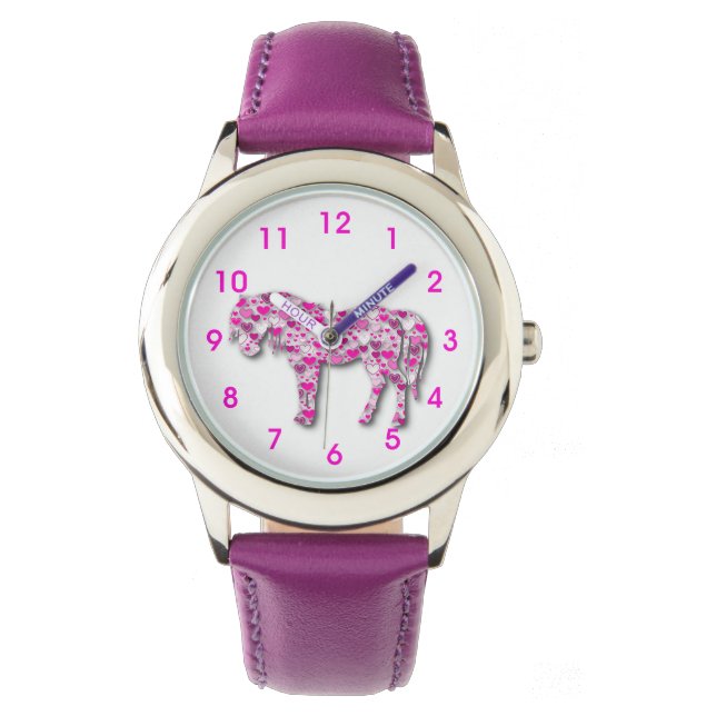 Roze en Paarse Hart Paard Pony Horloge (Voorkant)