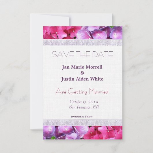 Roze en Paarse Hydrangea Huwelijksaankondiging Save The Date (Voorkant)