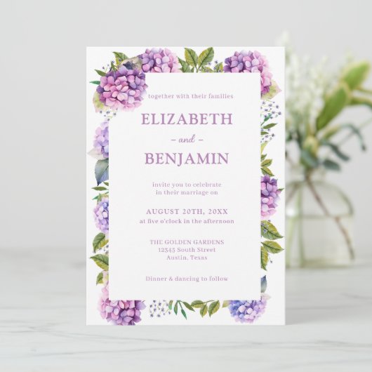Roze en Paarse Hydrangeas Waterverf Bruiloft Kaart (Staand voorkant)