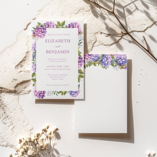 Roze en Paarse Hydrangeas Waterverf Bruiloft Kaart