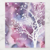 Roze en Paarse inkt en witte boom Silhouette Wijn Etiket (Enkel label)
