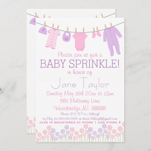 Roze en Paarse kleine kleren Baby Sprinkle Kaart (Voorkant / Achterkant)