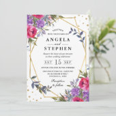 Roze en Paarse lentebloemen gouden Lijst bruiloft Kaart (Staand voorkant)