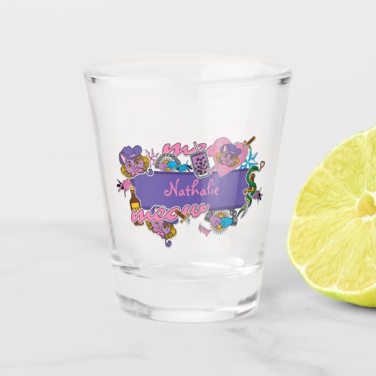 Roze en paarse leuke bar sticker op shot glas (Voorkant)