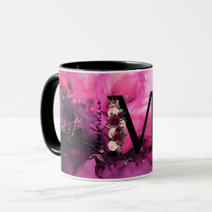 Roze en Paarse Marmer Monogram Letter M Mok