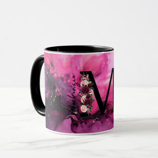 Roze en Paarse Marmer Monogram Letter M Mok (Voorkant links)