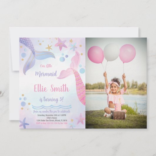 Roze en Paarse Mermaid Tails Verjaardagsuitnodigin Kaart (Voorkant)