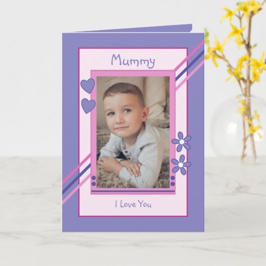 Roze en paarse met foto mummie verjaardag kaart (Gele Bloem)