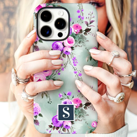 Roze en Paarse Monogram Bloemen Case-Mate iPhone Case