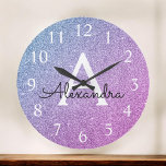 Roze en Paarse monogram Grote Klok<br><div class="desc">Roze en Paarse monogram met spaarpjes en Initiaal met een wandklok. De Wall Clock maakt het perfecte cadeau voor iemand die van zilveren glans houdt.</div>